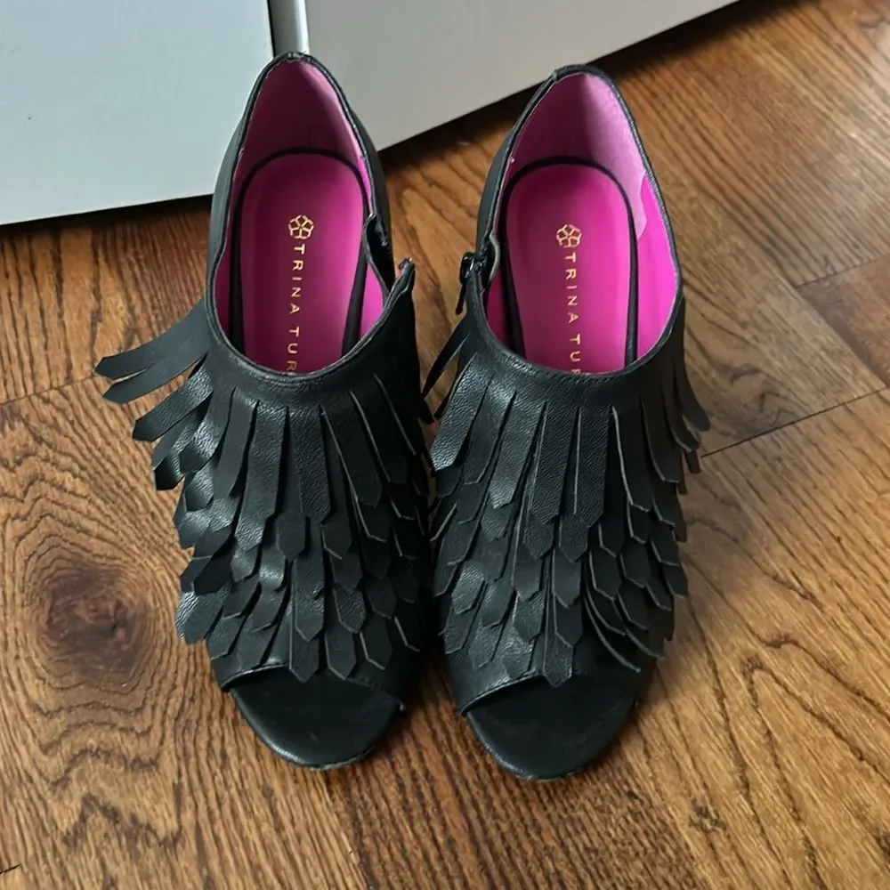 Trina Turk Black Fringe Peep-Toe Block Heel Shoes with Pink Lining